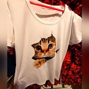 Cute Cat Print White T-Shirt